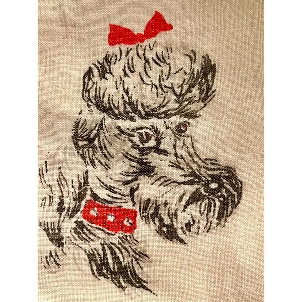 VTG Linen Guest Hand Towel Grey Poodles Red Leashes MCM Adorable VGC